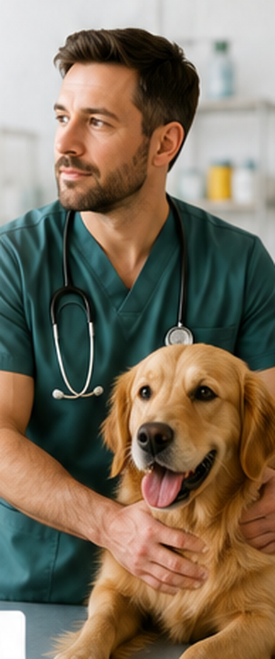 Veterinário cuidando de um cão na clínica